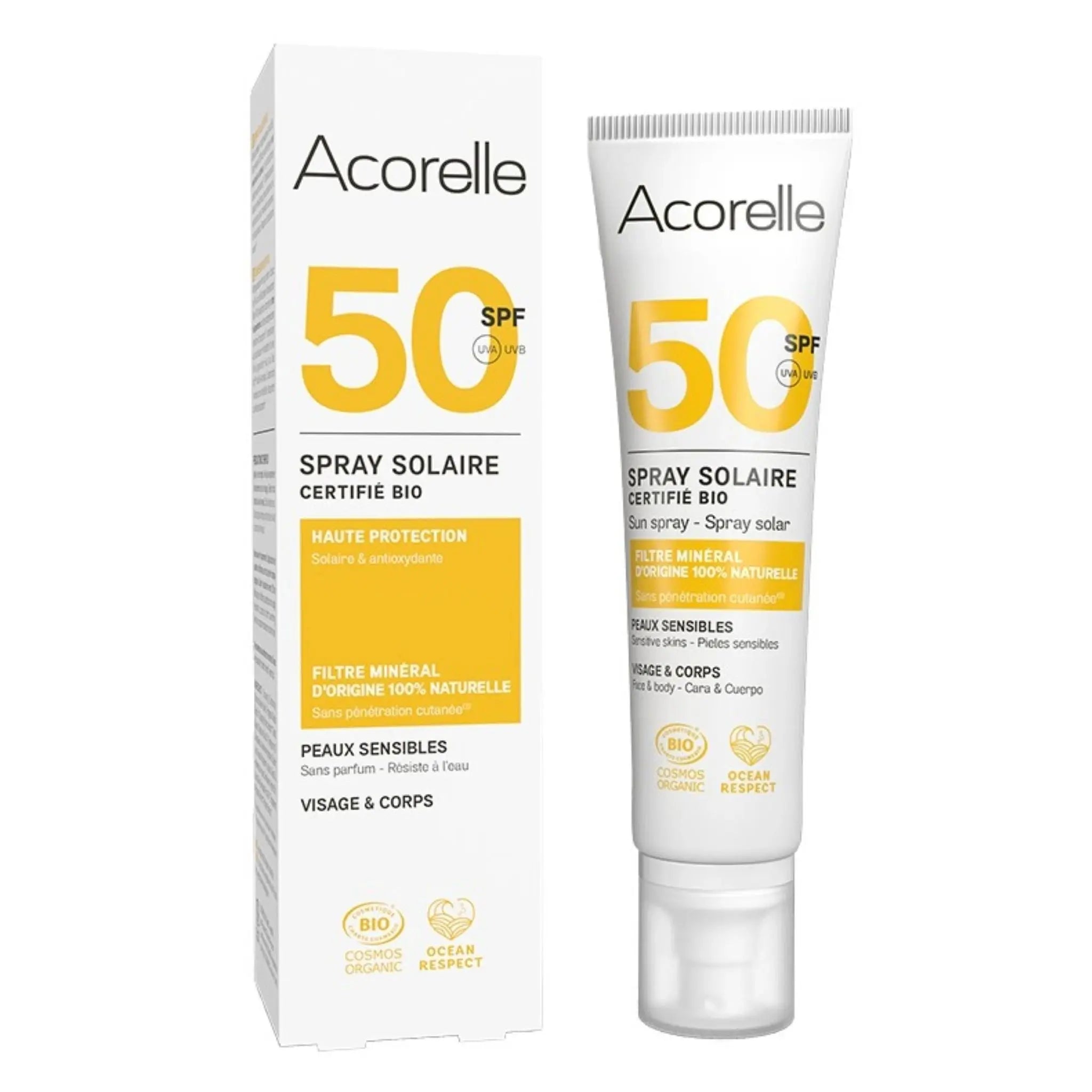 Spray Solaire bio SPF50 Visage et corps Acorelle